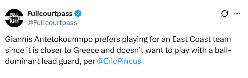 湖人没戏了？字母哥更想加盟东海岸球队：不希望和持球大核搭档